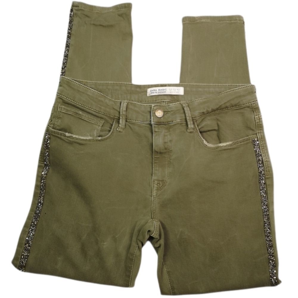 Zara Basic Z1975 Army Green Denim Jeans Distressed Beaded Stripe Detail Size 10